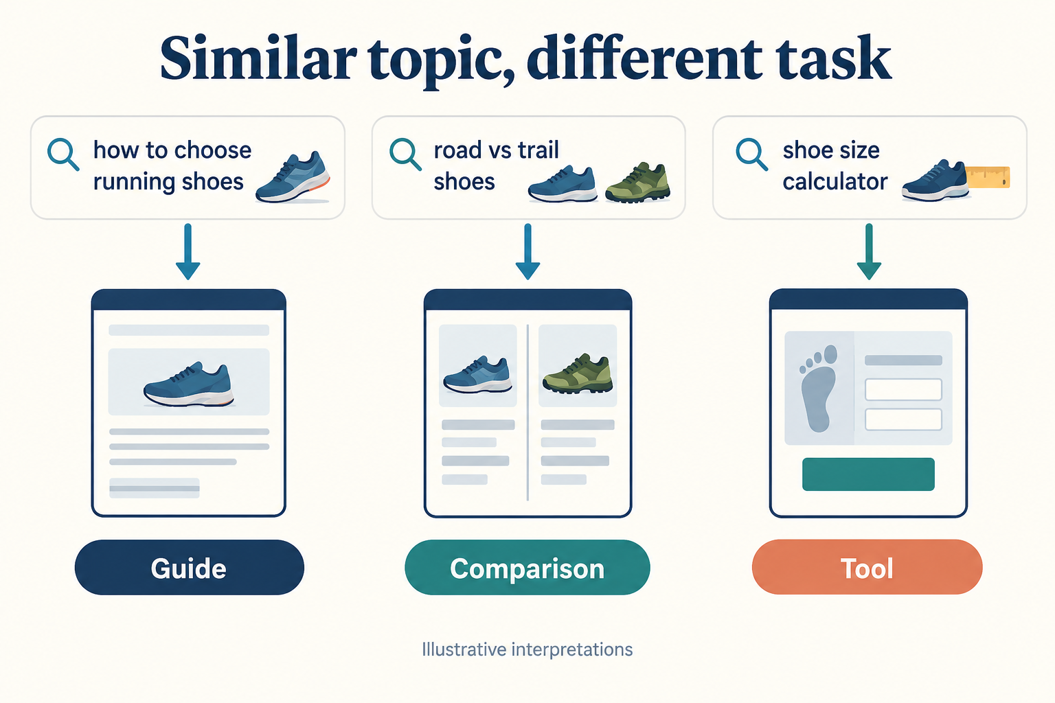 Three shoe-related example queries leading to a guide, comparison and calculator tool